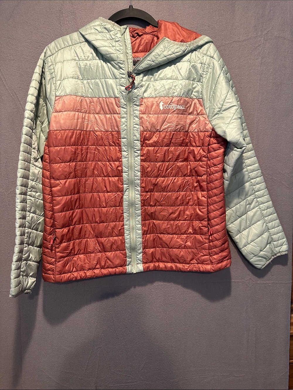 cotopaxi Two-Tone Hooded Puffer Jacket in Coral and Mint